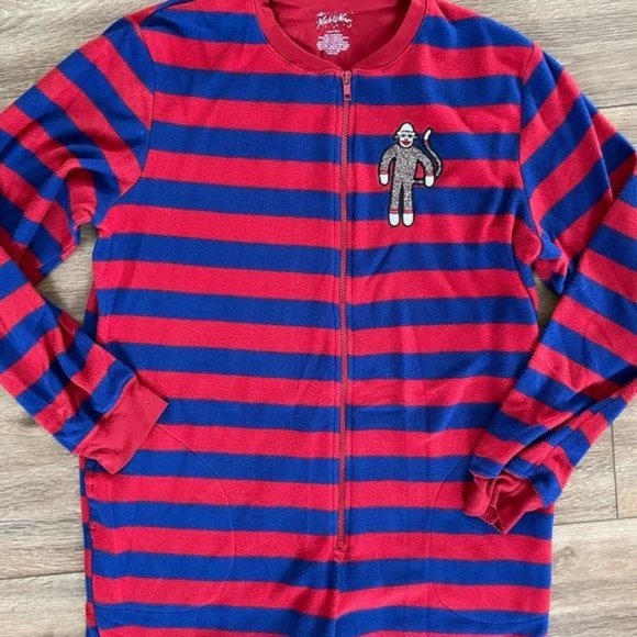 Nick & Nora Sock Monkey Red & Blue Striped Onesie Pajamas, Sz Small - Picture 12 of 14